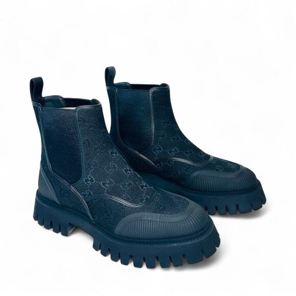 NIB Gucci GG Men's 10.5 US 11 Jacquard Canvas Ankle Chelsea Boots Black $1,150 - Picture 3 of 12